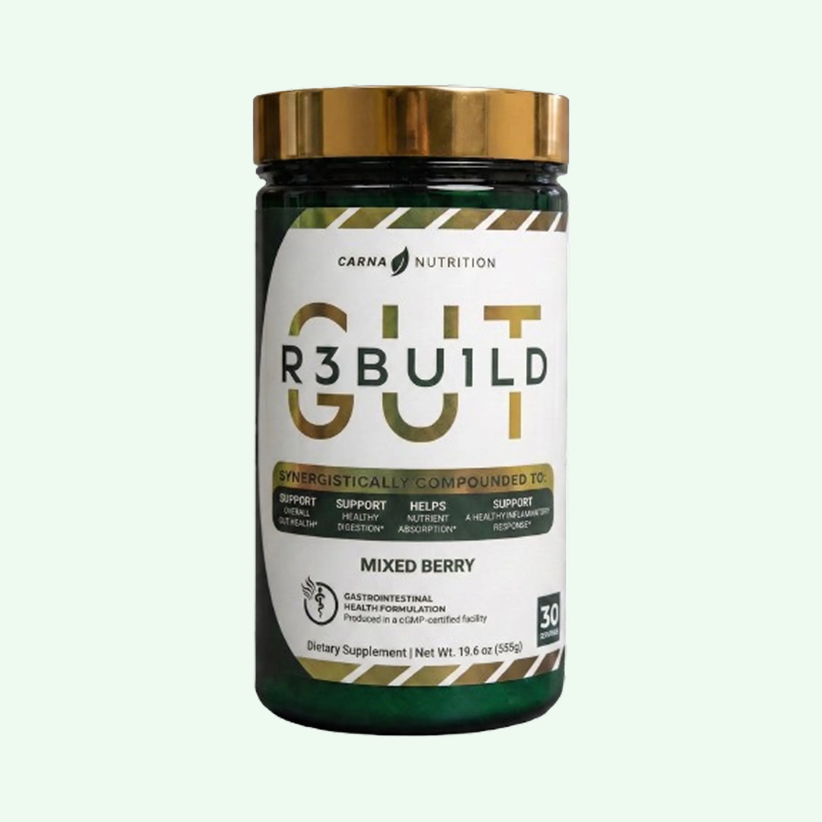 A bottle of Carna Nutrition Gut R3build, a mixed berry flavored dietary supplement, against a white background.