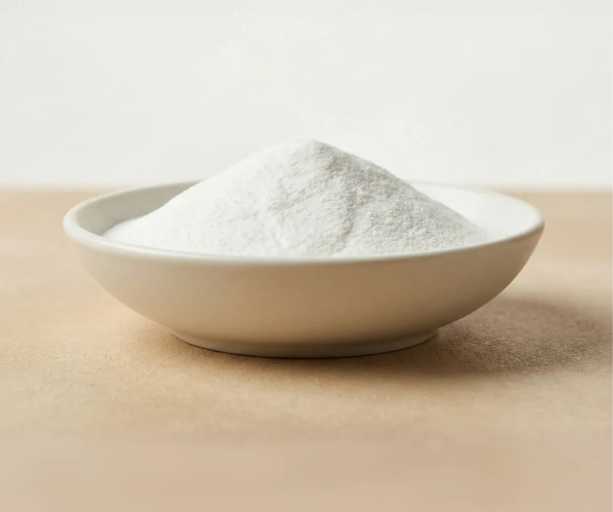 A small white bowl filled with a mound of white powder on a tan surface.
