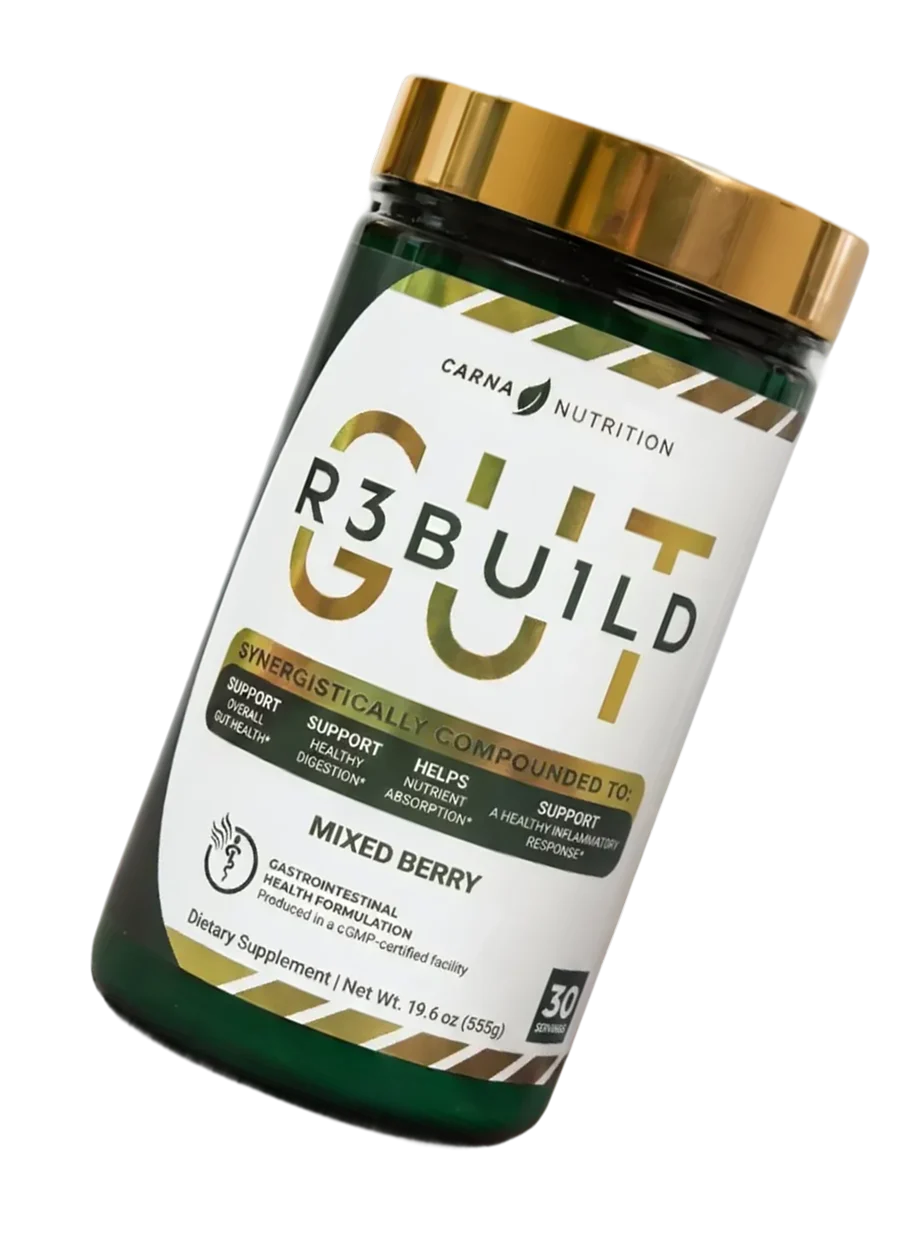 A container of Carna Nutrition Gut R3build, a mixed berry dietary supplement, against a solid green background.