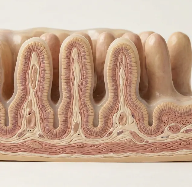 A detailed anatomical model showing a cross-section of the villi in the small intestine lining.
