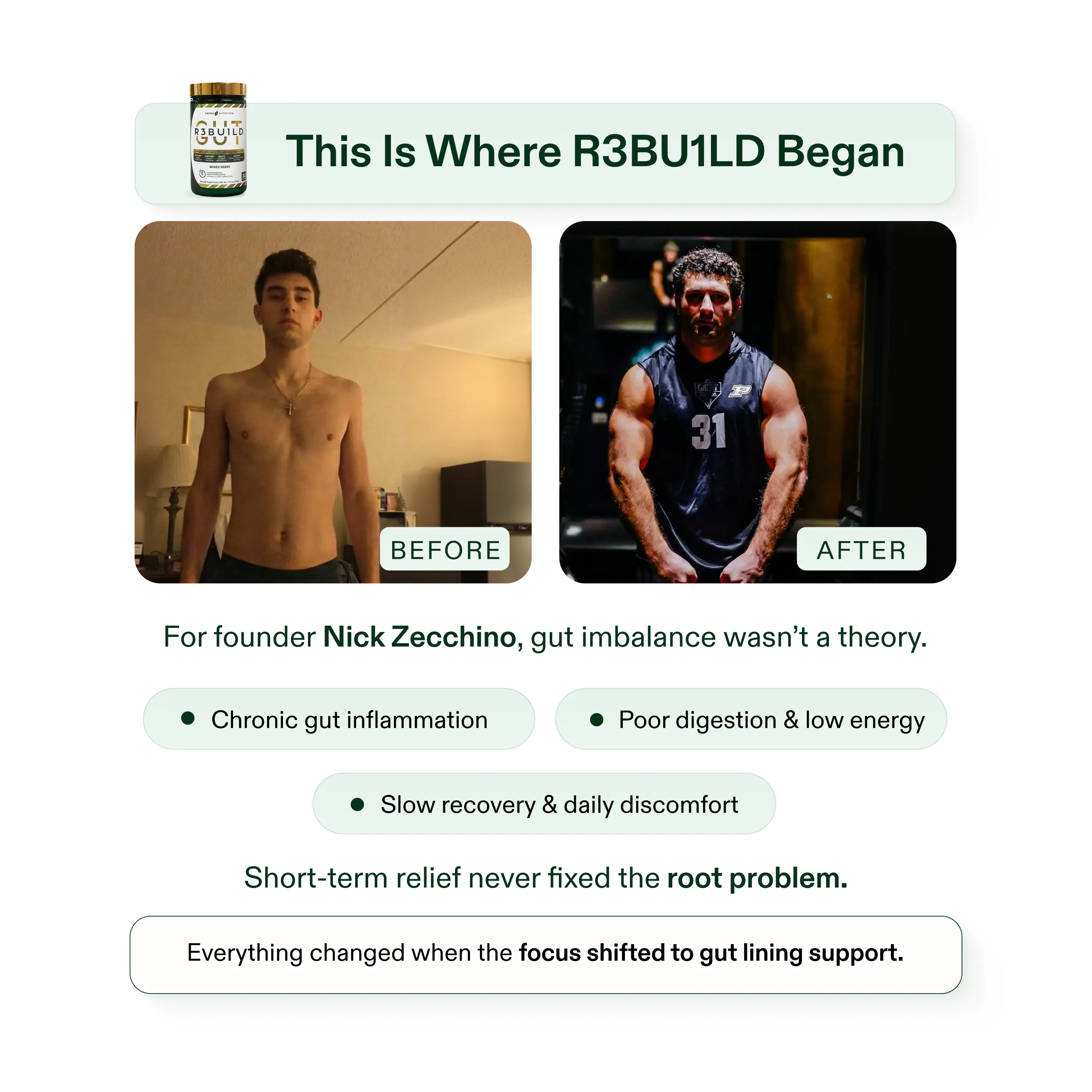 Before and after photos showing a man's physical transformation from a slim build to a muscular one.