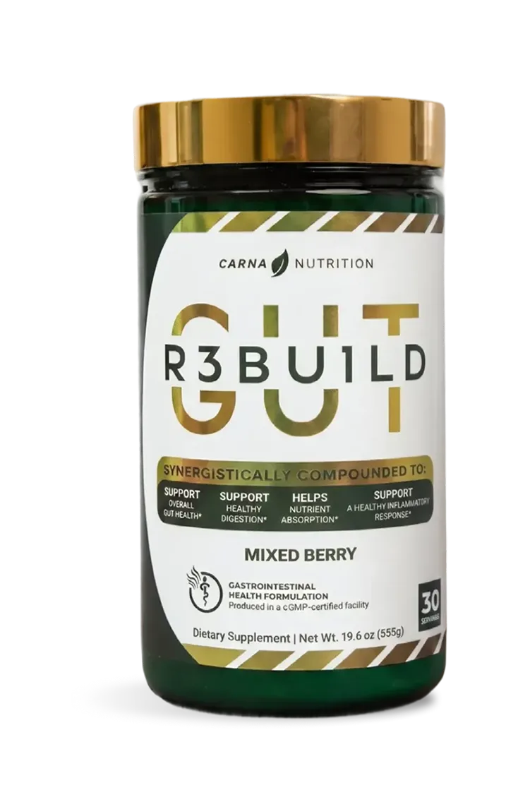 A dark green jar of Carna Nutrition Gut R3bu1ld dietary supplement in mixed berry flavor.