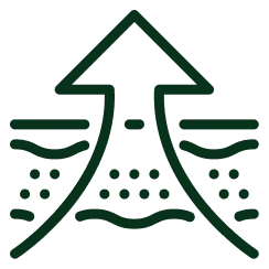 A green icon showing an upward arrow rising through two wavy, dotted layers on a green background.