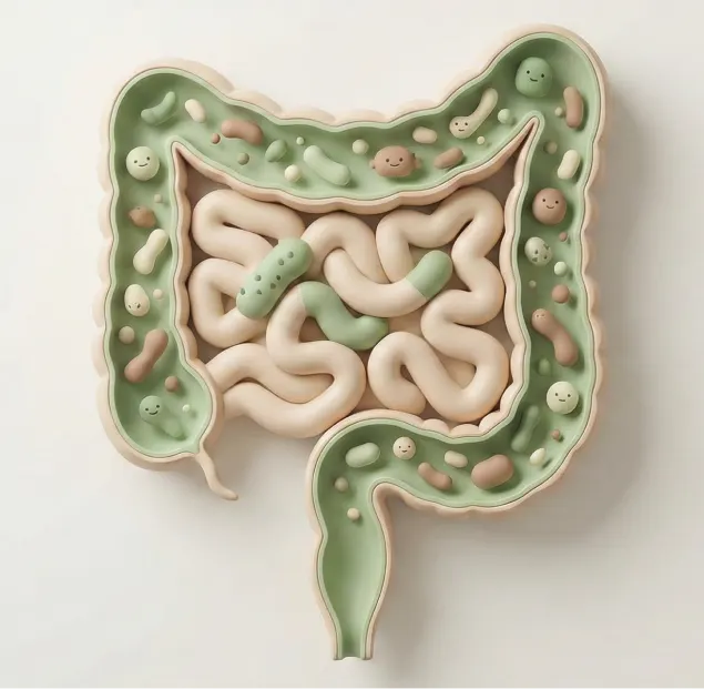 A claymation-style illustration of large and small intestines filled with cute, smiling microbes against a white background.