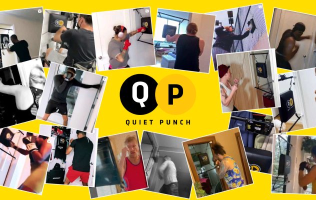 Collage of people using Quiet Punch boxing equipment at home.