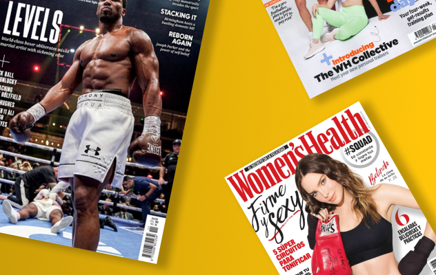Three fitness magazine covers displayed on a yellow background.