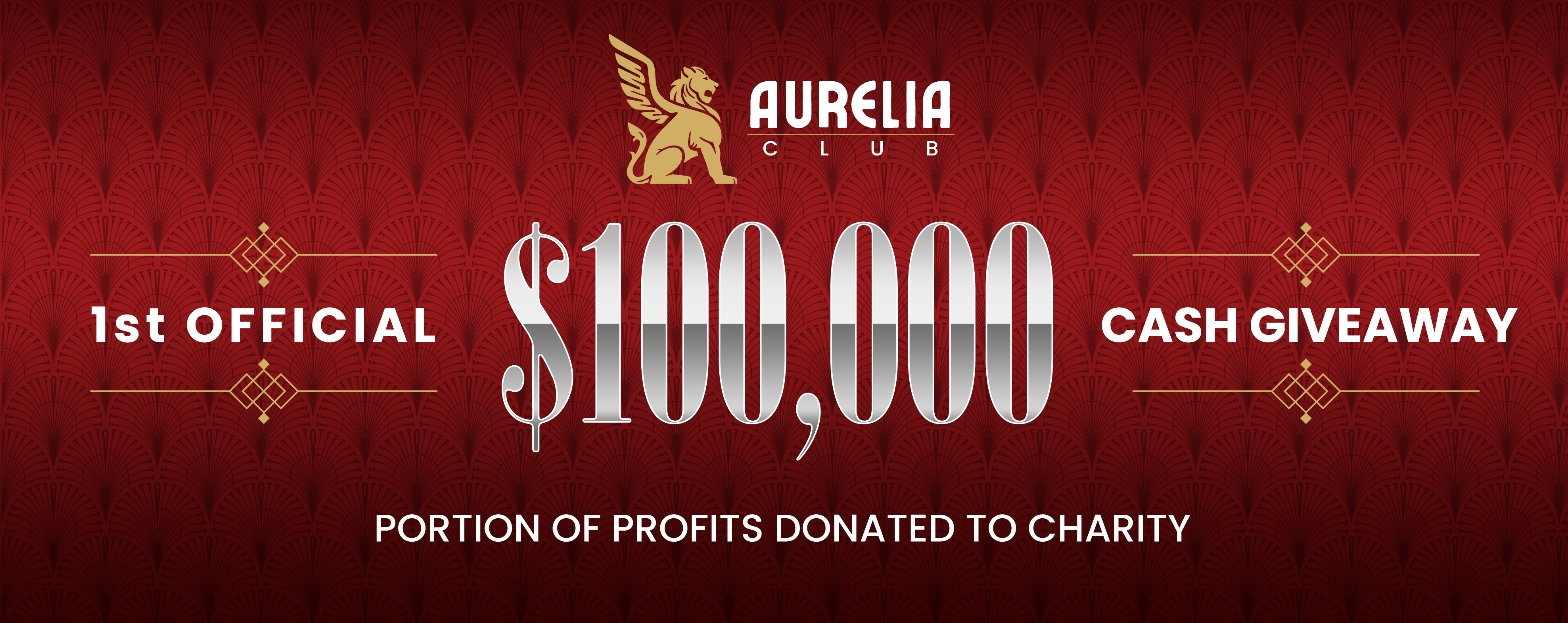 Red background with text about a $100,000 cash giveaway by Aurelia Club.