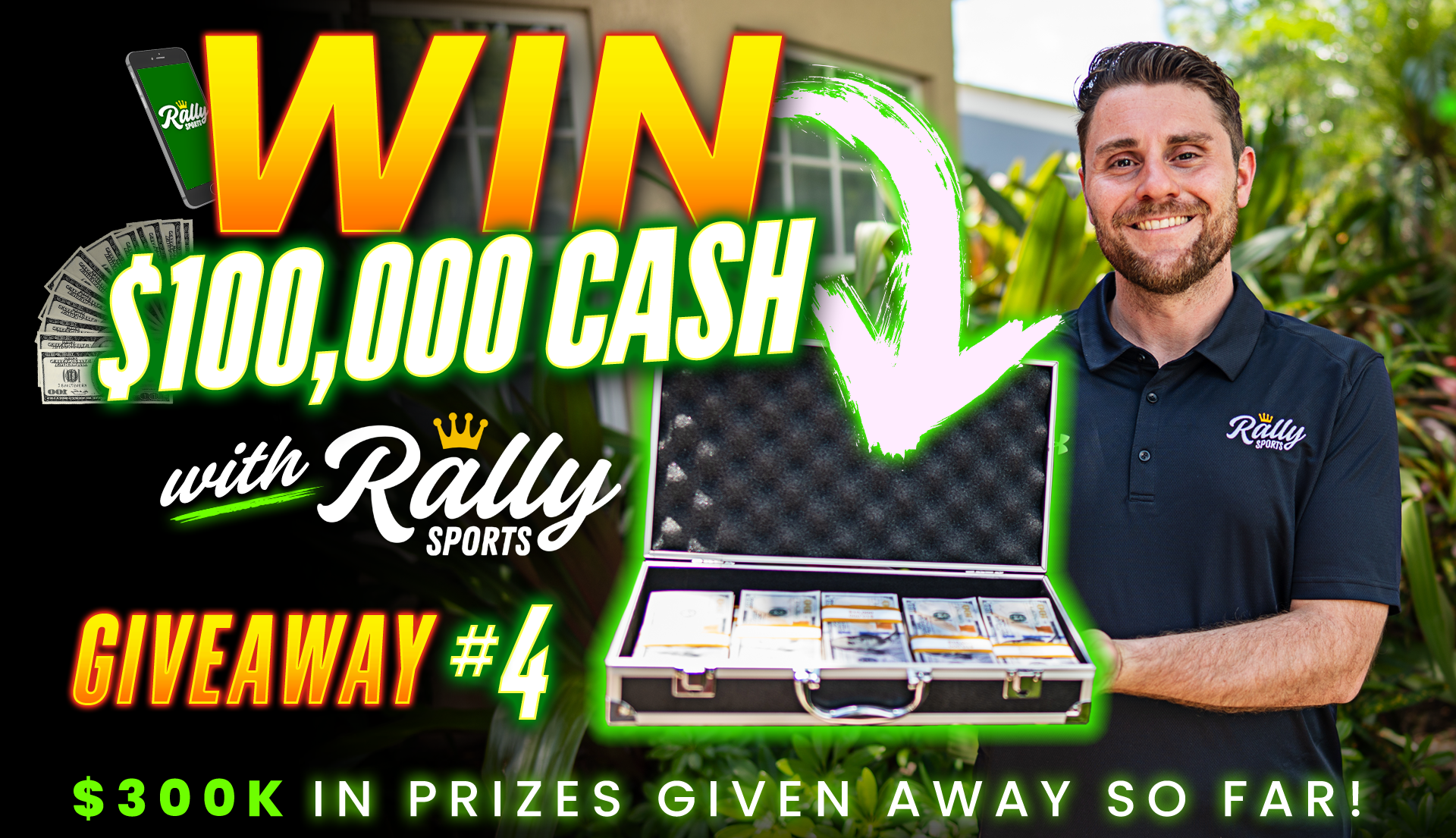 A man in a Rally Sports shirt holds a briefcase of cash for a $100,000 giveaway advertisement.