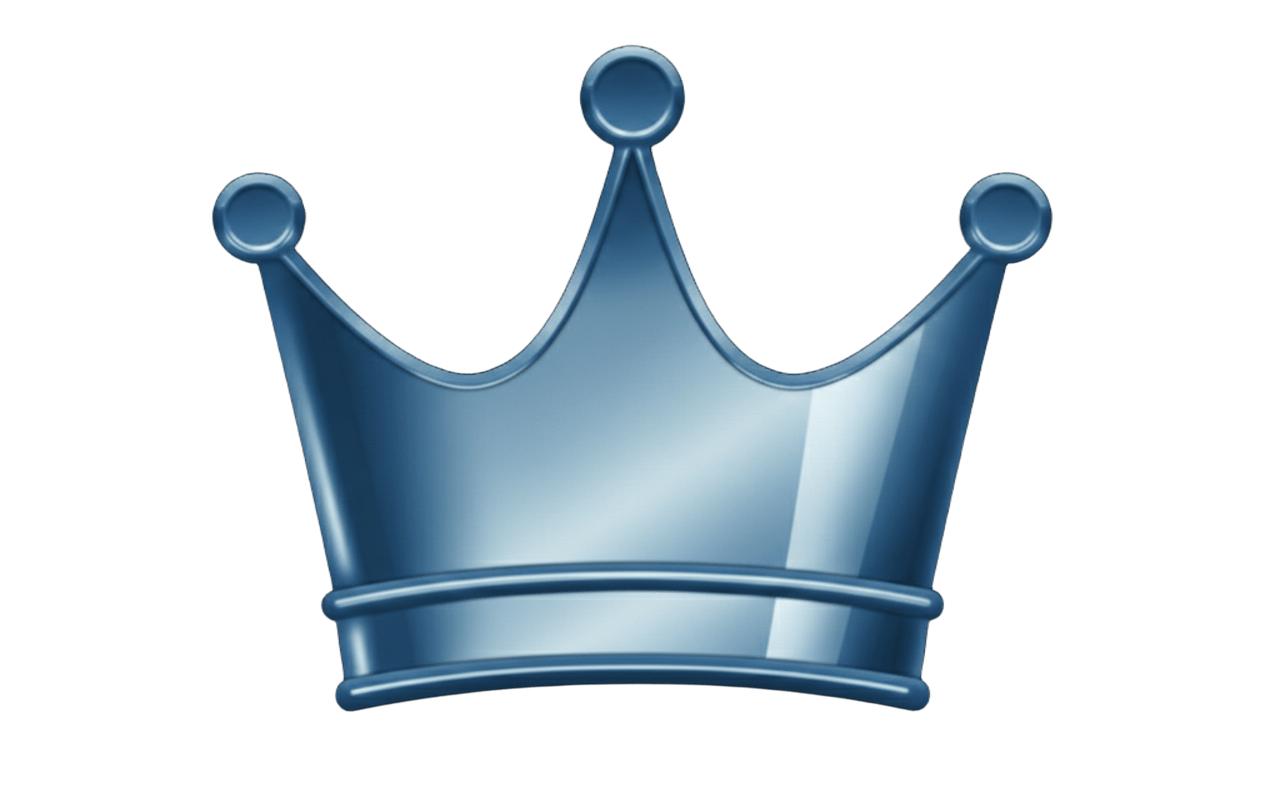 A shiny, metallic blue crown with three points on a green background.