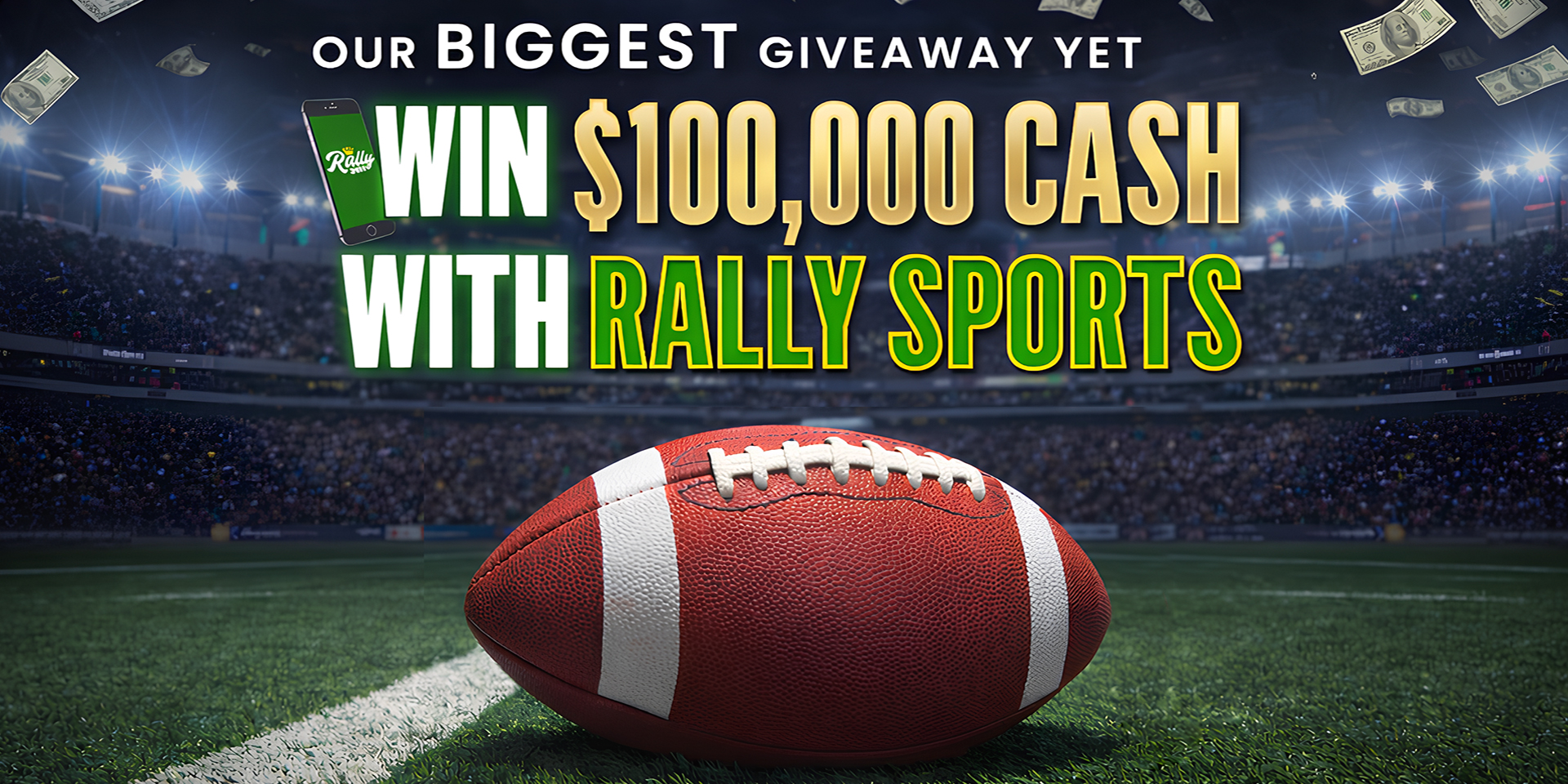 Football on a field with cash giveaway text in a stadium.