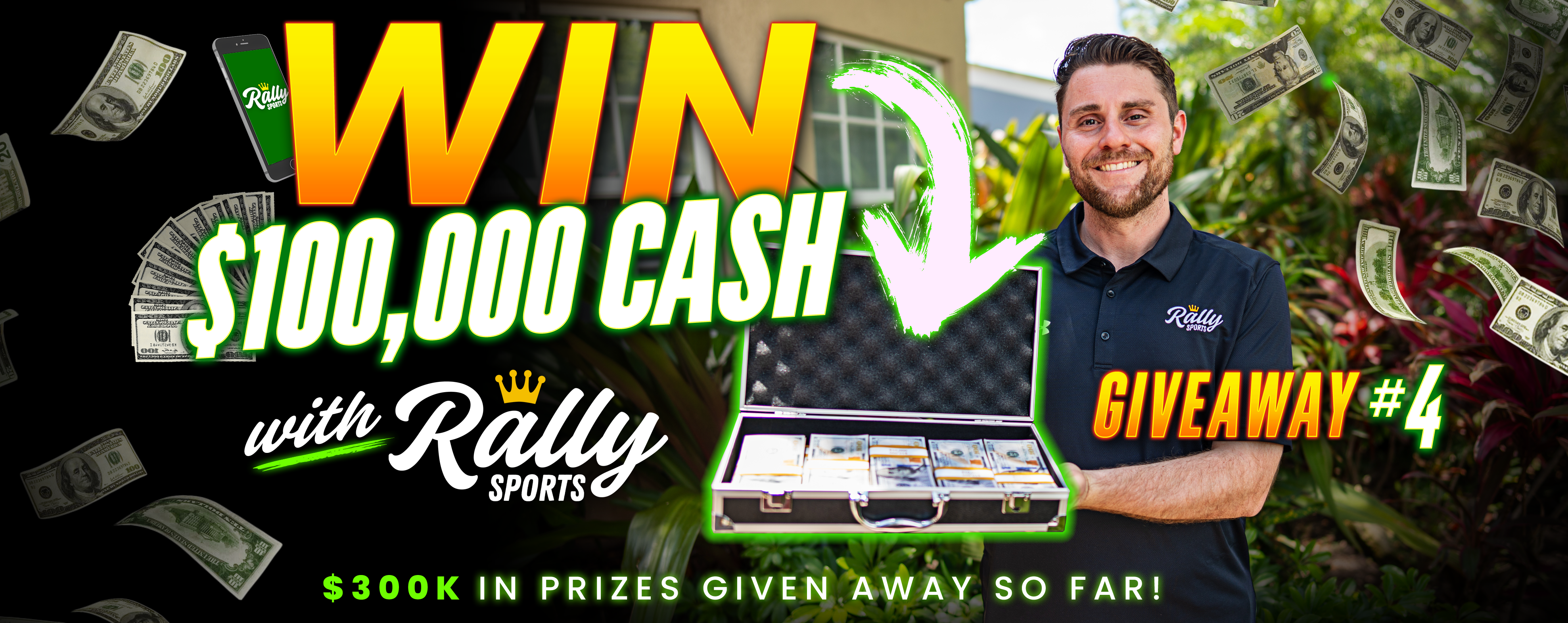 Football on a field with cash giveaway text in a stadium.