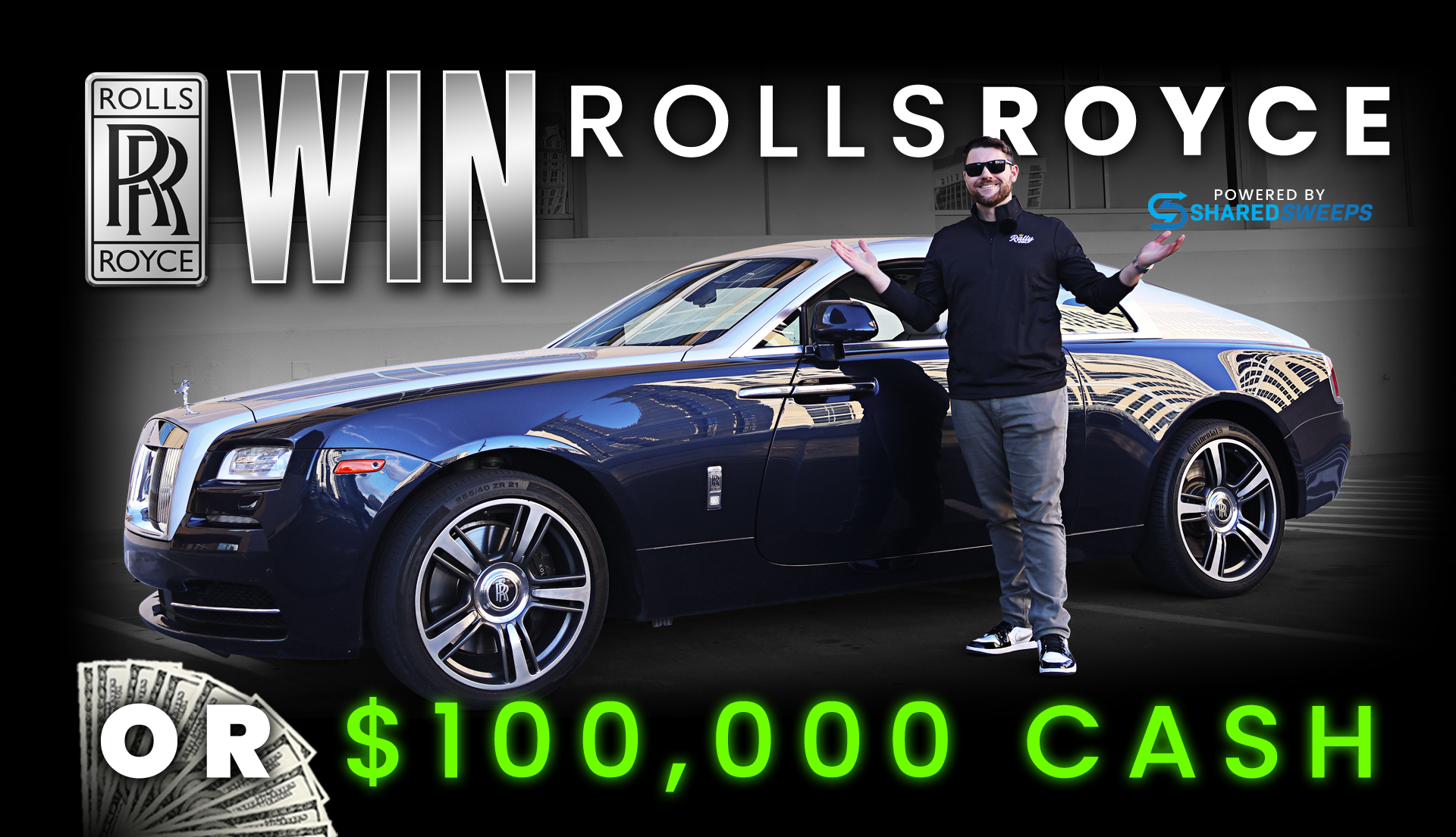 A man leans on a blue and silver Rolls Royce with promotional text for a giveaway.
