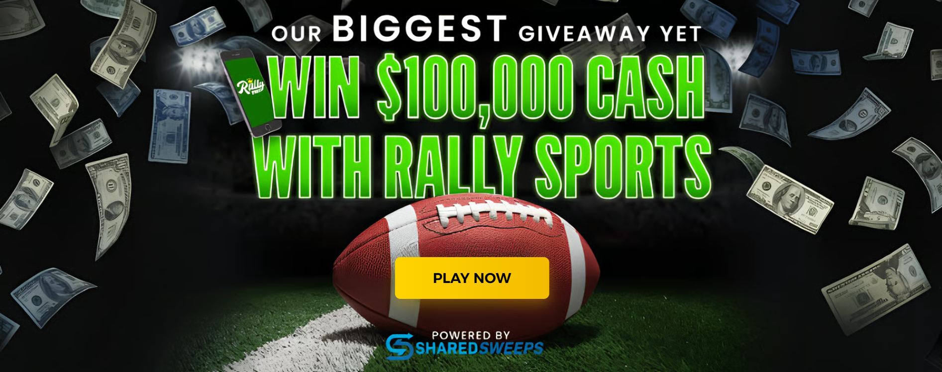 Football on a field with cash giveaway text in a stadium.