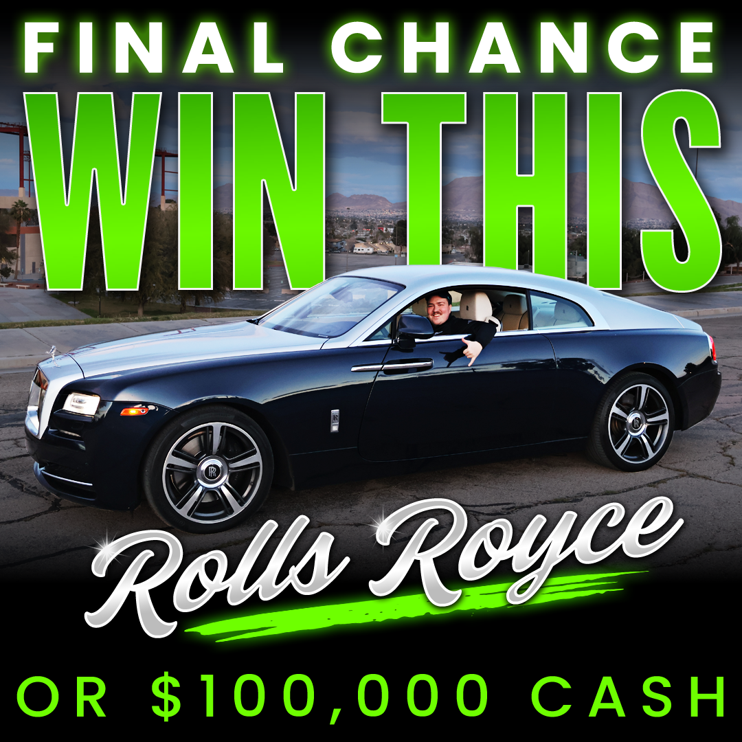 A man in a Rolls Royce with text advertising a contest to win the car or $100,000 cash.