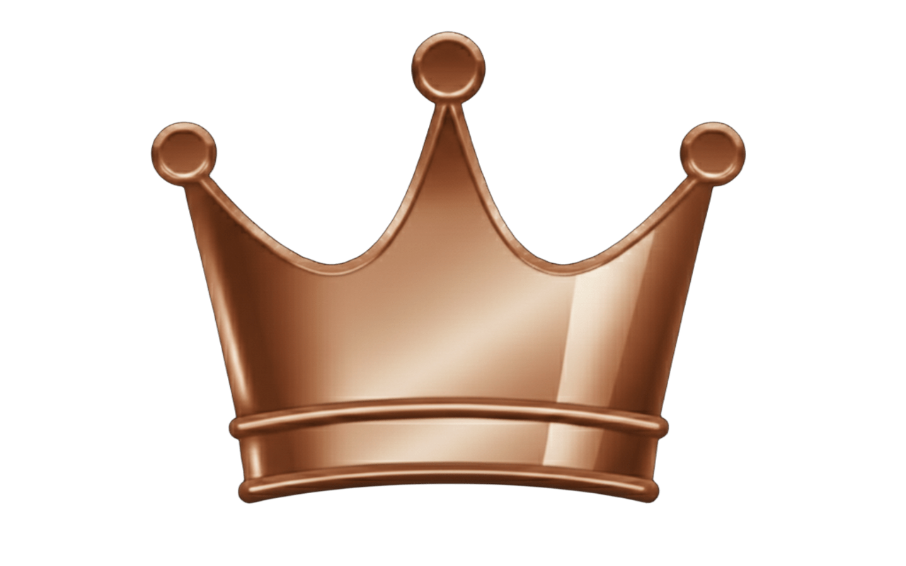 A shiny, bronze-colored crown with three points against a green background.