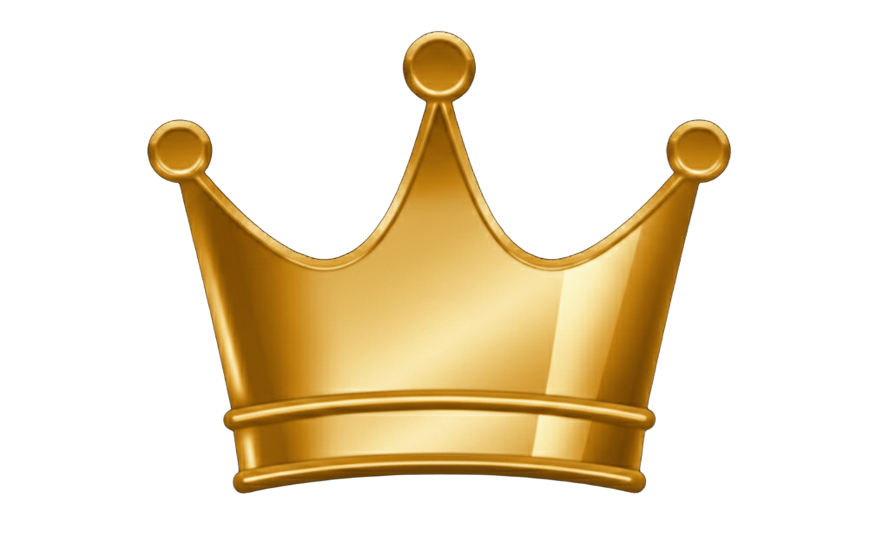 A shiny, golden, three-pointed crown on a green background.