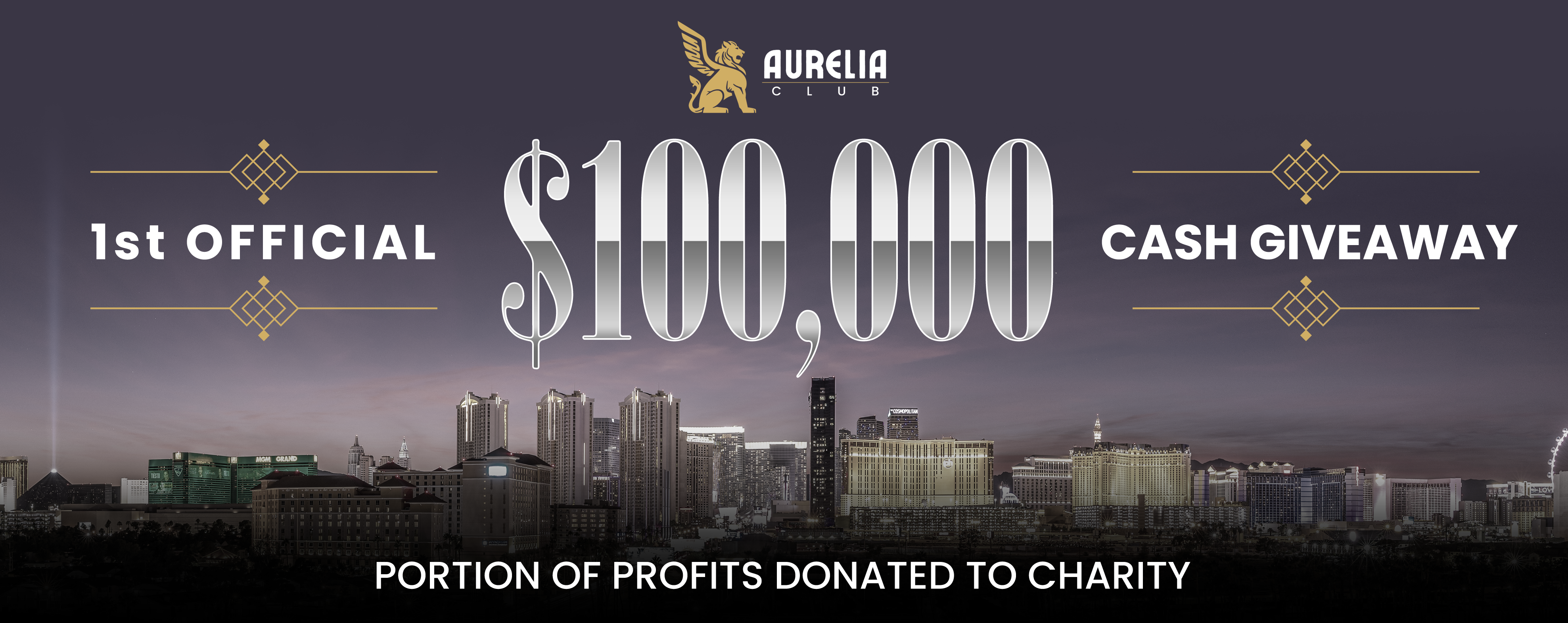 Aurelia Club $100,000 cash giveaway announcement with city skyline background.