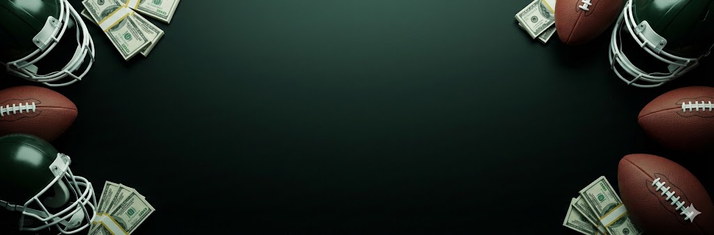 Football helmets, footballs, and stacks of cash money arranged around a dark green empty background.