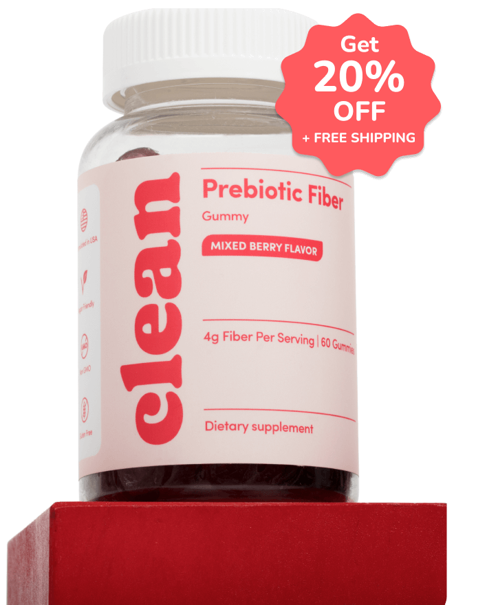 Jar of prebiotic fiber gummies with a 20% off label.