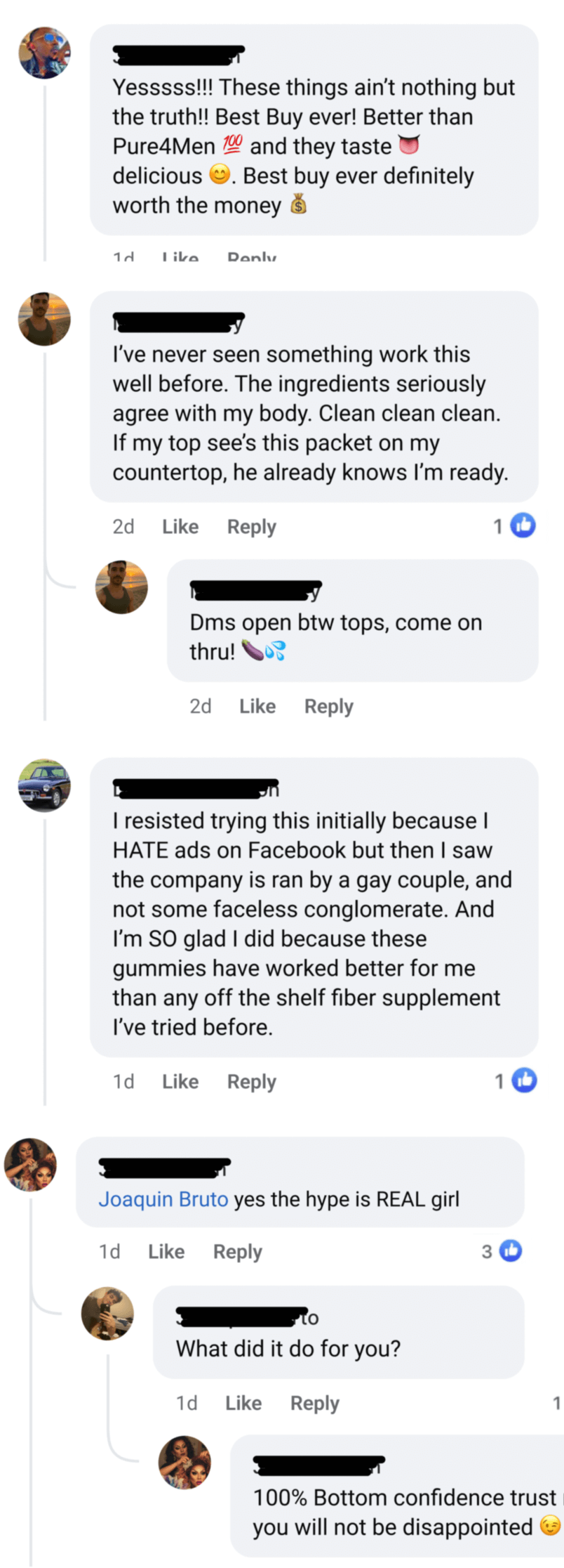 Screenshot of Facebook comments discussing a product with enthusiasm.