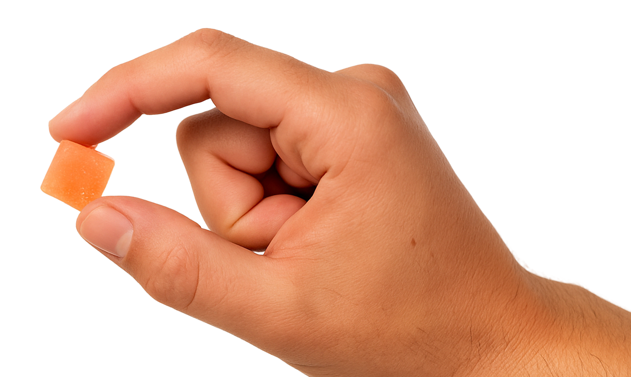 Hand holding an orange gummy candy.