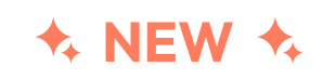 'NEW' text with four sparkles on an orange banner.