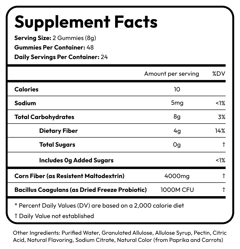 Supplement facts label for gummies, listing serving size, calories, and nutrients.