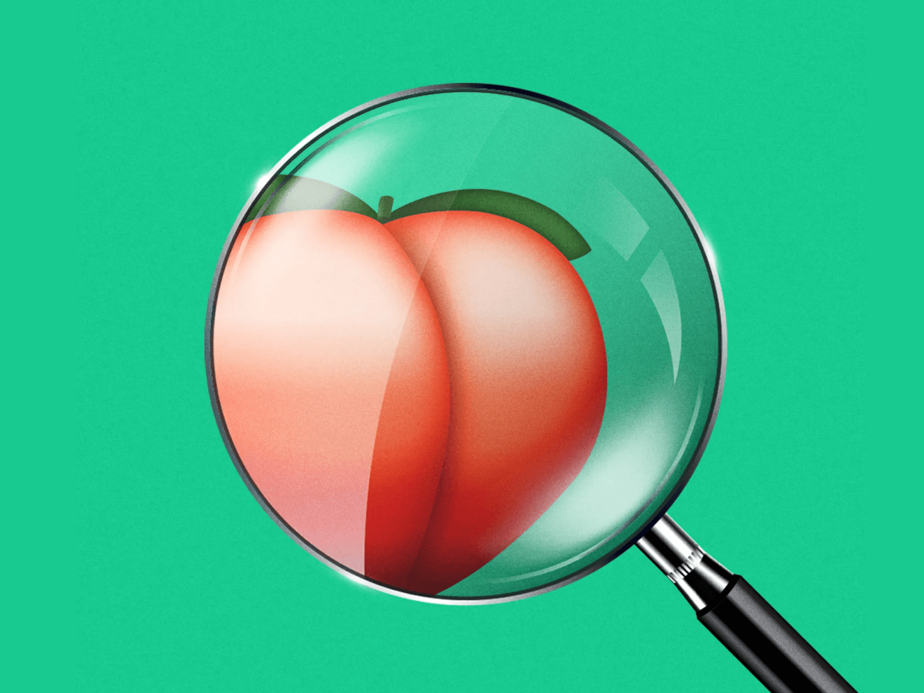 A magnifying glass zooms in on a peach emoji against a green background.