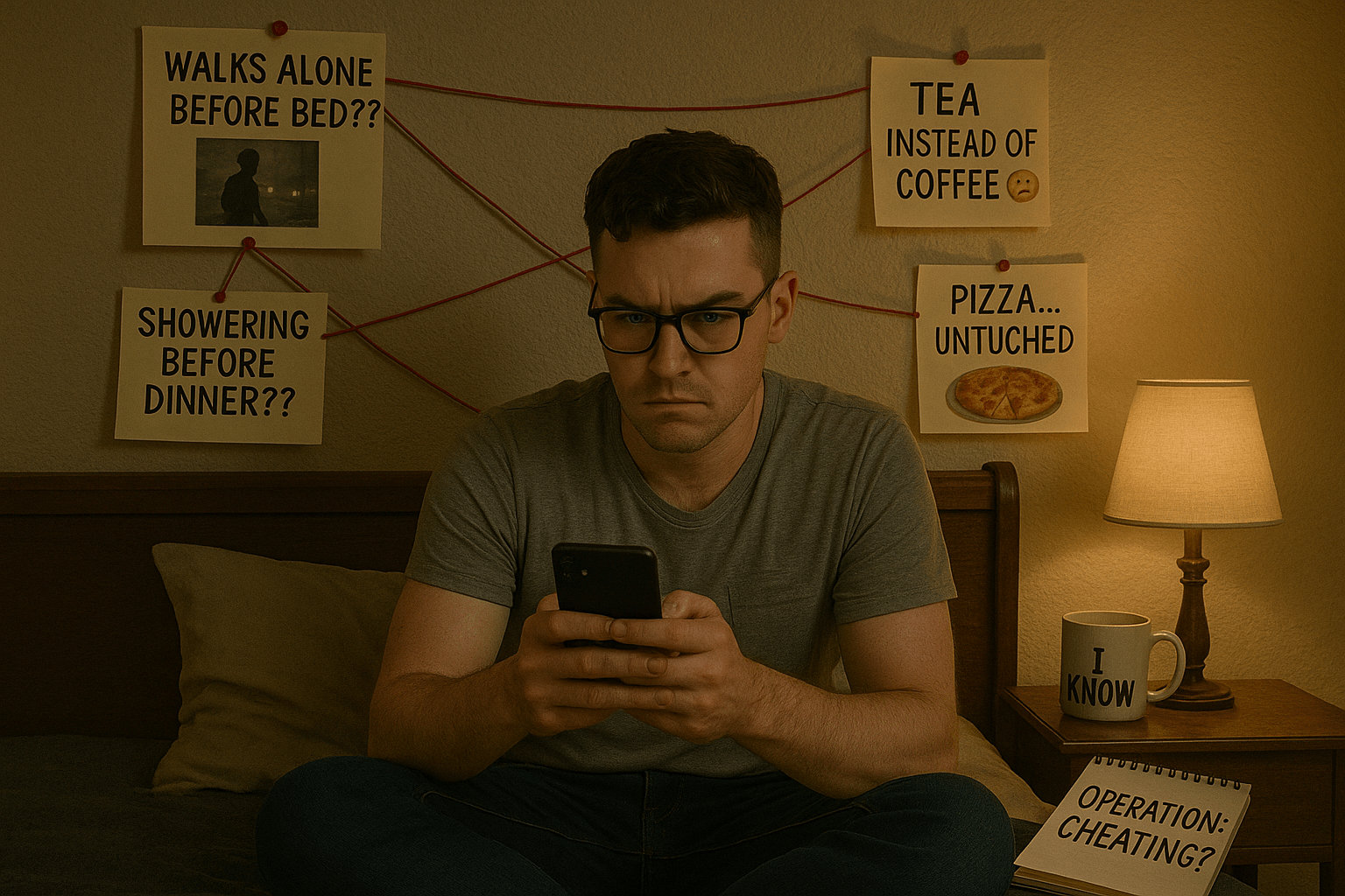 Man sitting on bed with phone, surrounded by suspicious notes.