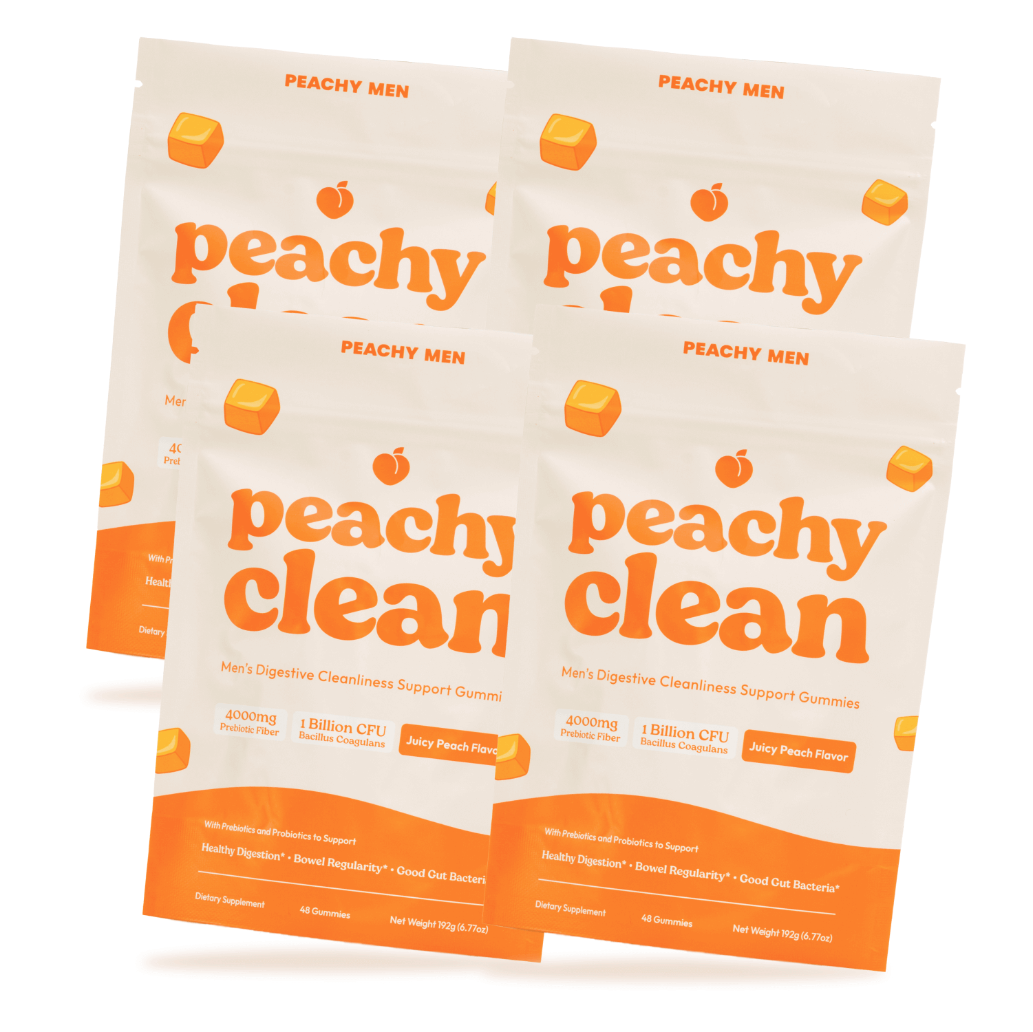 Four bags of 'peachy clean' men's gummies, orange text on white packaging.