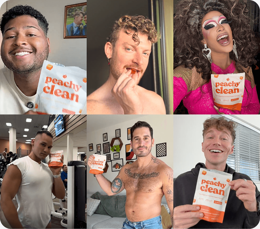 A collage of six diverse people smiling while holding a package of a product called 'peachy clean'.