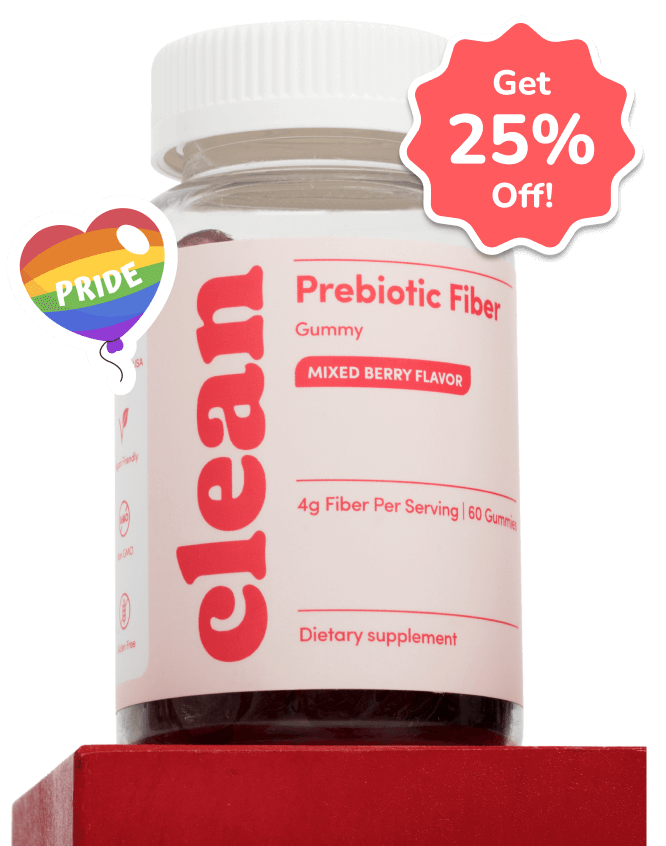 Bottle of prebiotic fiber gummies with a 25% off sticker.