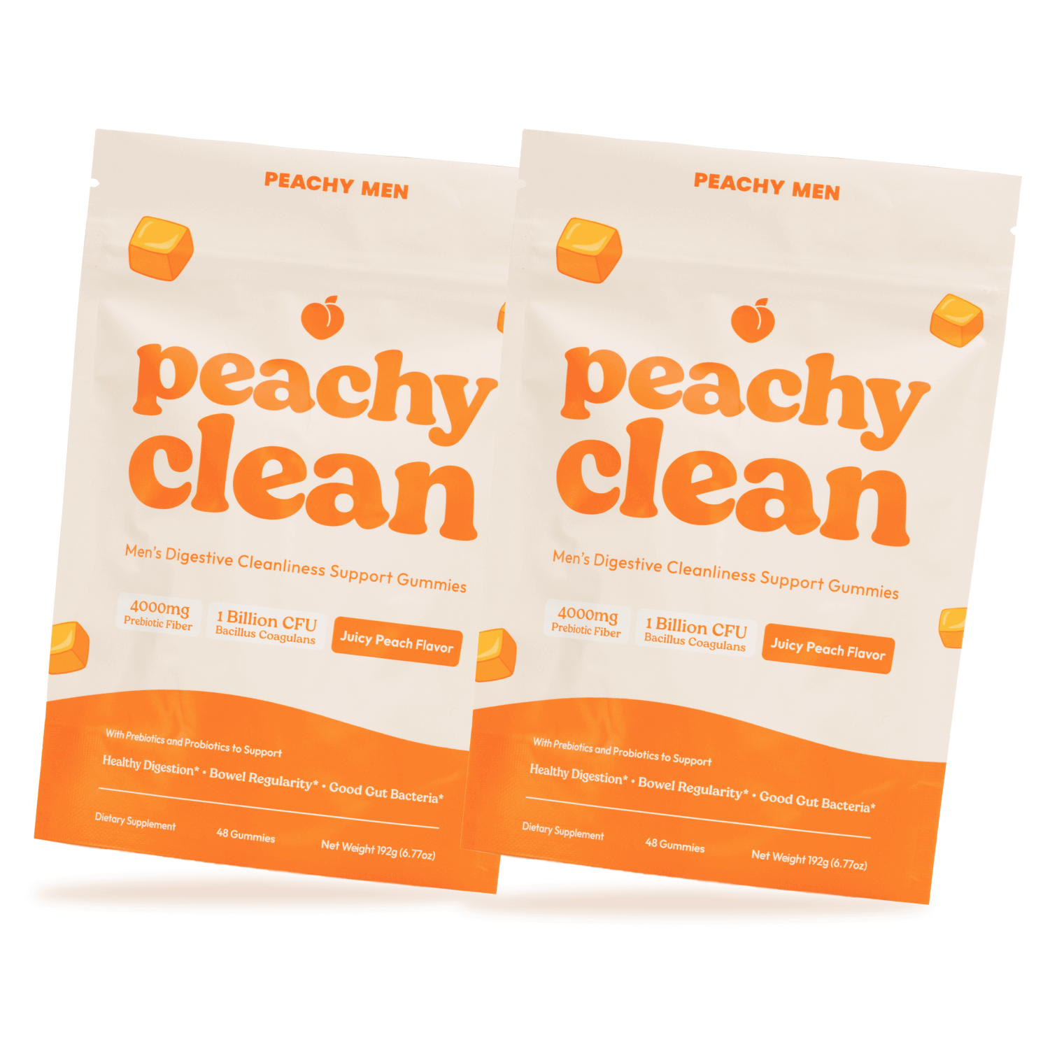 Two packets of peachy clean digestive support gummies for men.