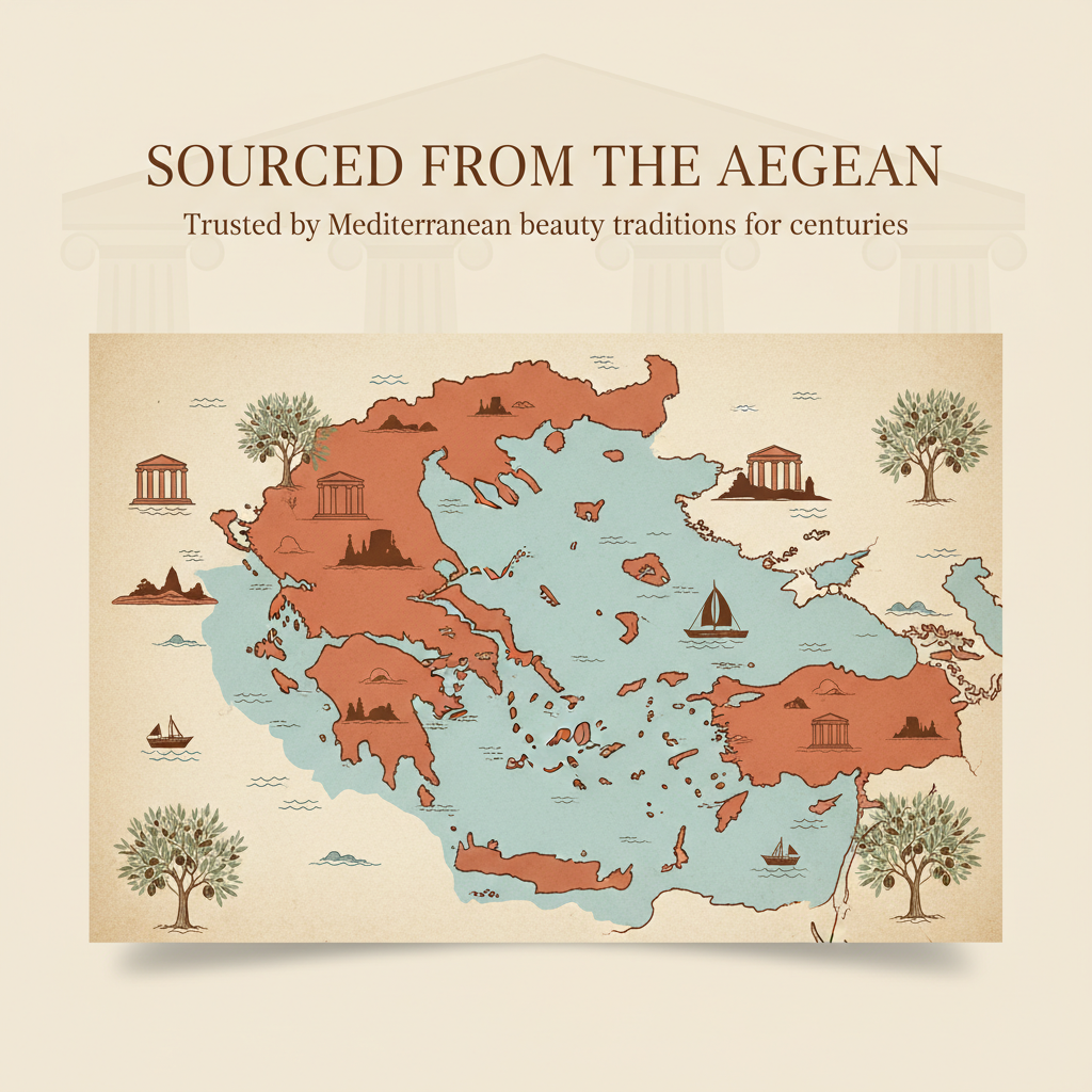 An illustrated, vintage-style map of the Aegean Sea, featuring Greek temples, olive trees, and sailboats.