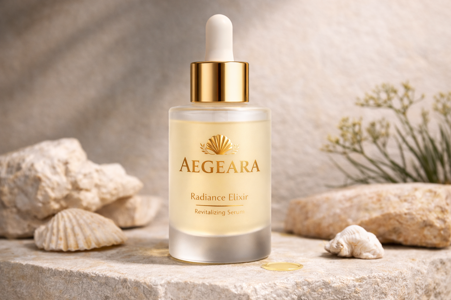 A bottle of AEGEARA Radiance Elixir serum sits on a stone ledge surrounded by rocks and seashells.