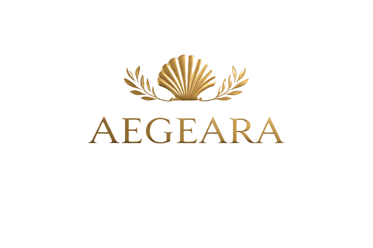The Aegeara logo in gold, featuring a scallop shell and laurel leaves, against a black background.