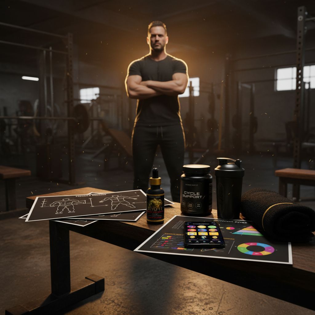 Man standing in gym, workout supplements and papers on table in foreground.