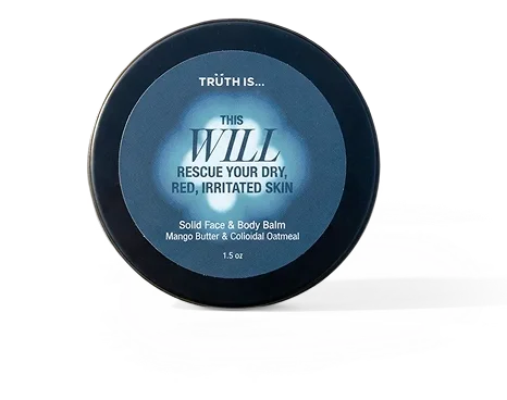 A black circular tin of Truth Is... solid face and body balm on a white background.
