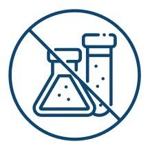 A blue line icon of a beaker and a test tube inside a circle with a line through it.