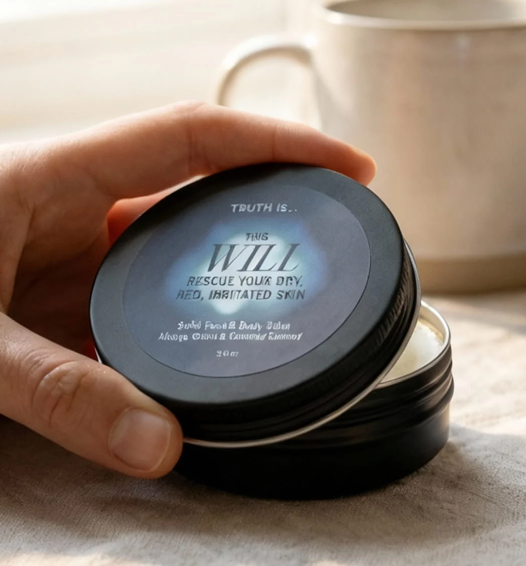 A hand holding an open black tin of 'This Will' skin rescue balm, with a mug in the background.