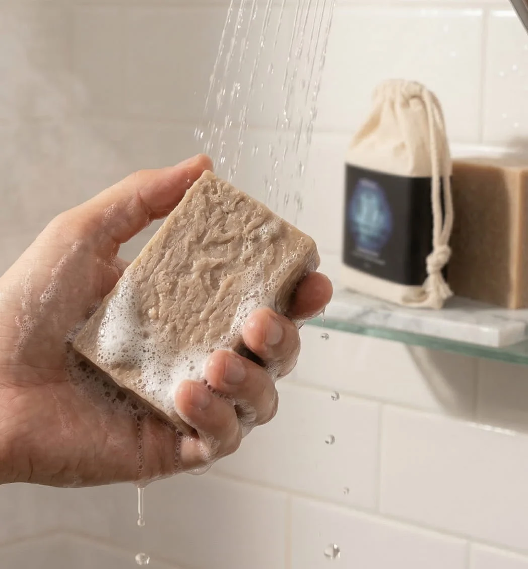 A hand holds a textured bar of soap under running water, creating a lather in a tiled shower.