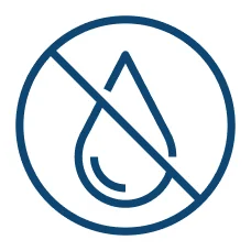 A blue line icon of a water droplet inside a circle with a slash through it.