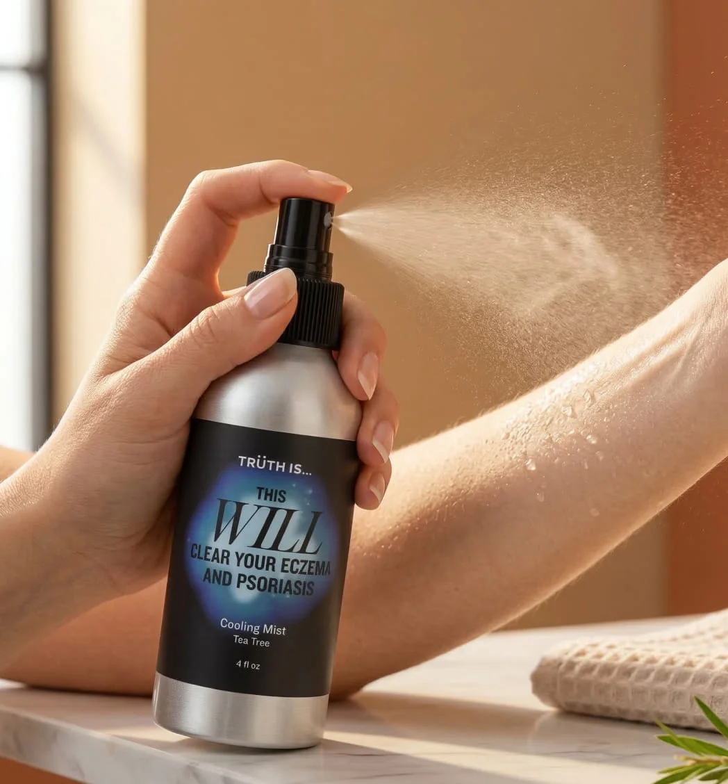 A person sprays a cooling mist from a silver bottle onto their arm.