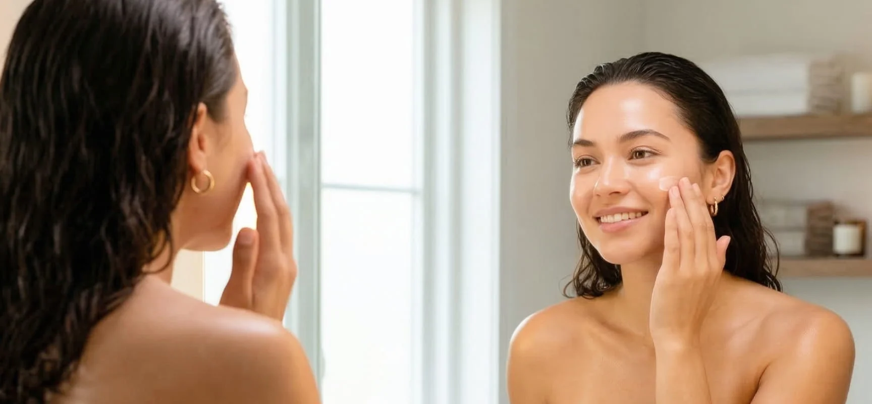 A smiling woman with wet hair applies cream to her face while looking in a mirror.