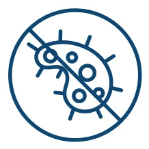 A blue line icon of a microbe inside a circle with a slash through it.