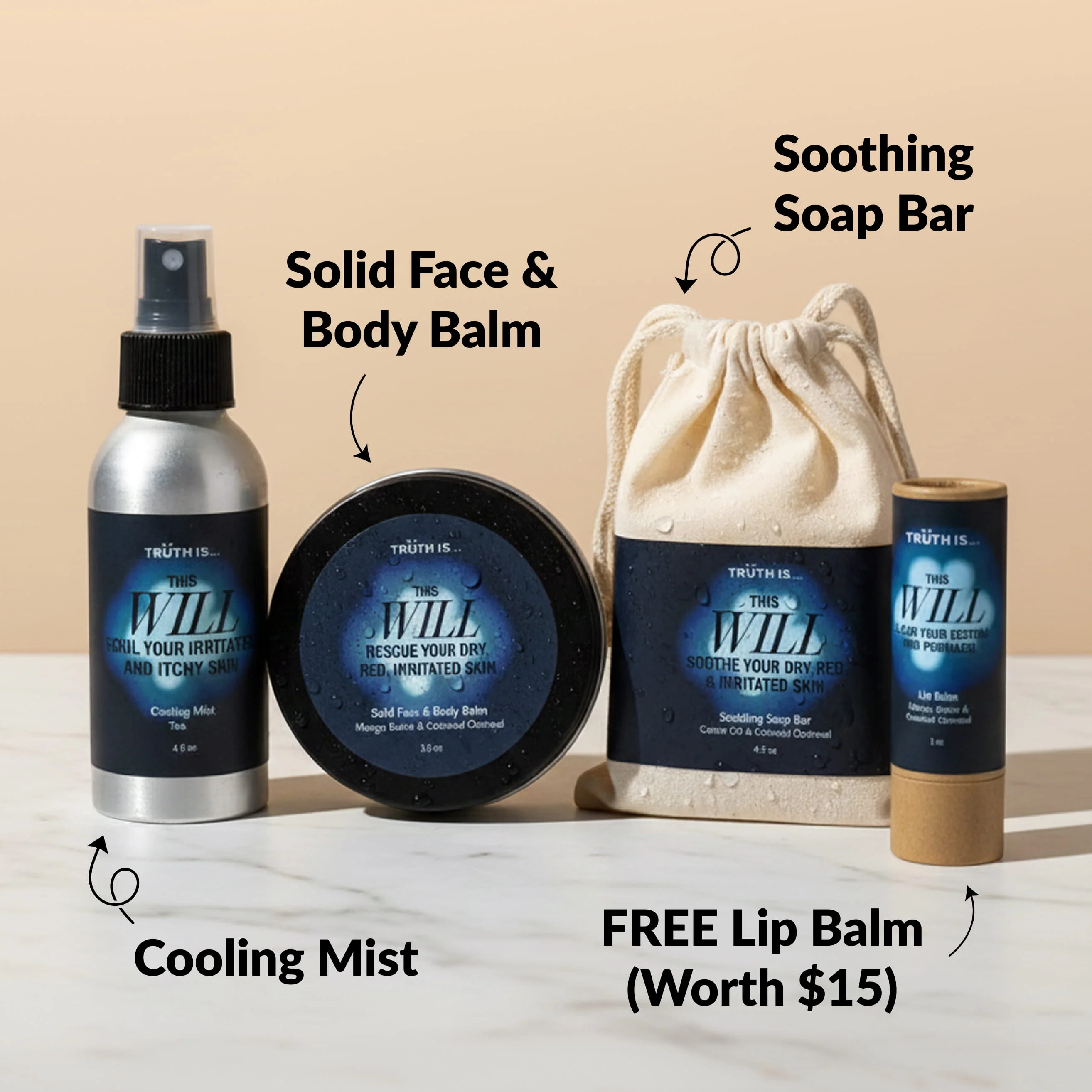 A collection of skincare products including a mist, balm, soap bar, and lip balm on a flat surface.