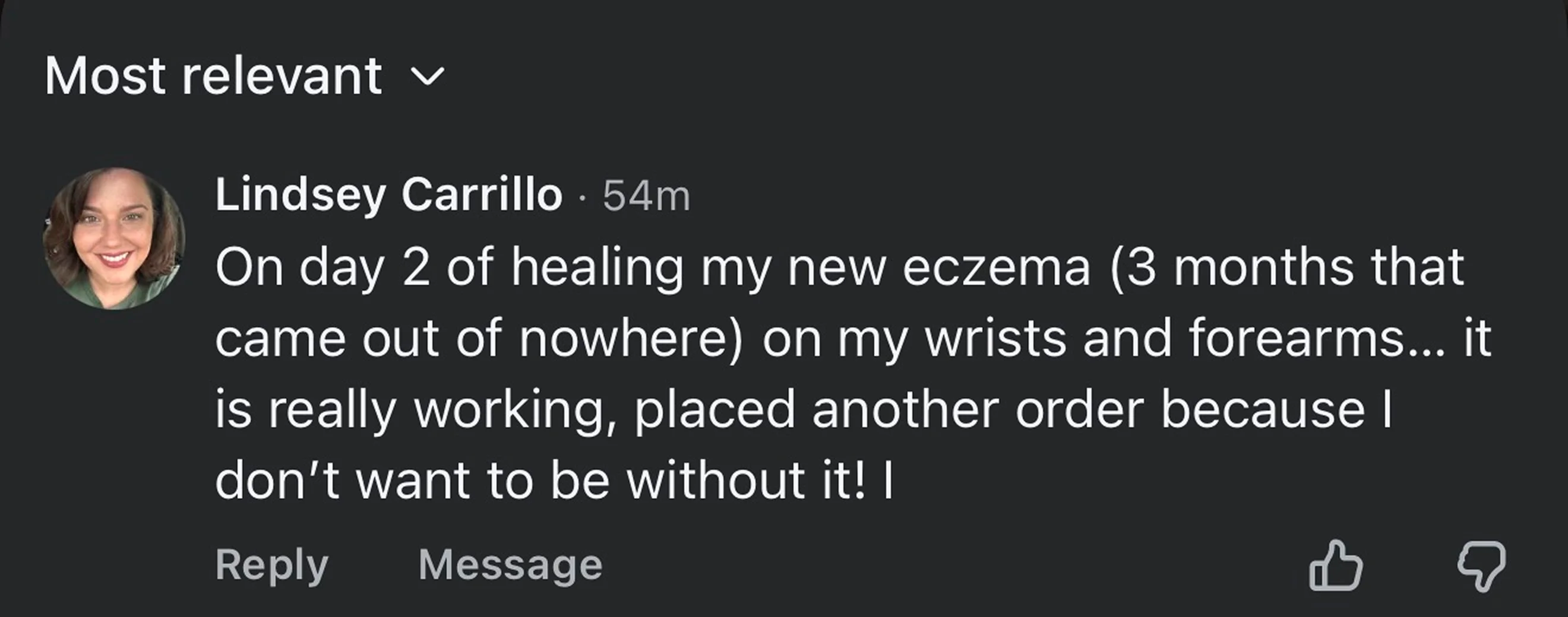 A screenshot of a customer review from Lindsey Carrillo about a product helping her eczema.
