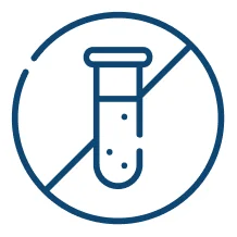 A blue line icon of a test tube inside a circle with a line through it.