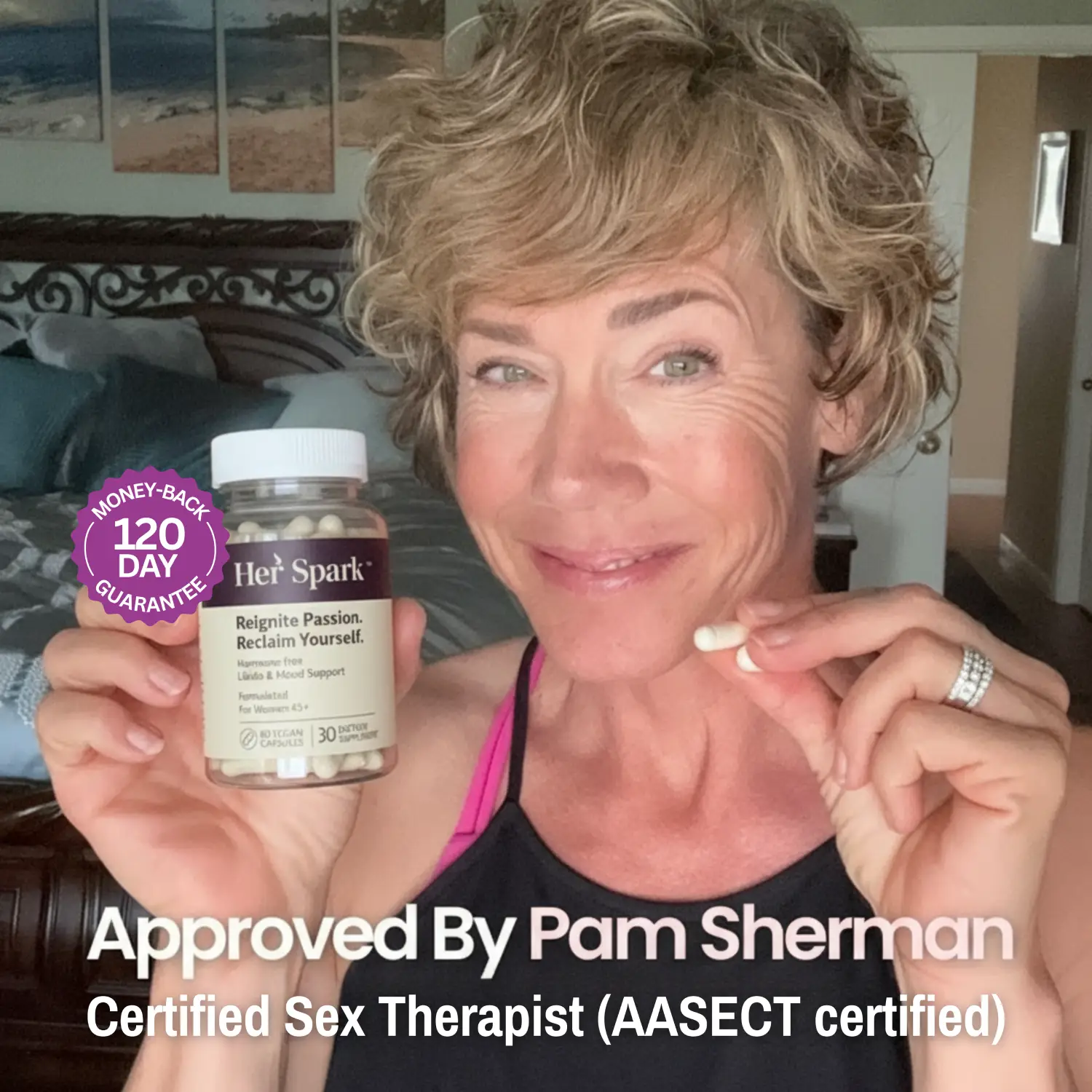 Person holding a supplement bottle and a pill, text overlay on image.