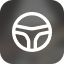 A white line icon of a steering wheel on a dark gray, rounded square background.